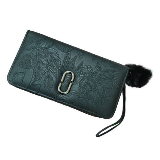 Olive Green PU Leather Women’s Wallet Clutch – Embossed Floral Wristlet with Pom Pom