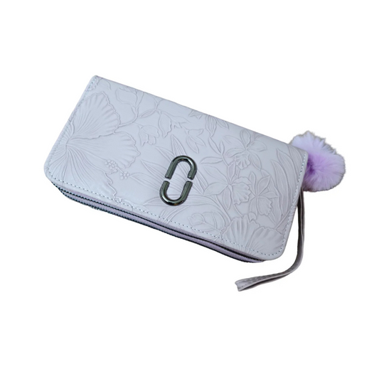 Purple PU Leather Women’s Wallet Clutch – Embossed Floral Wristlet with Pom Pom