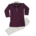 Purple embroidered kurta with white pants on a white background