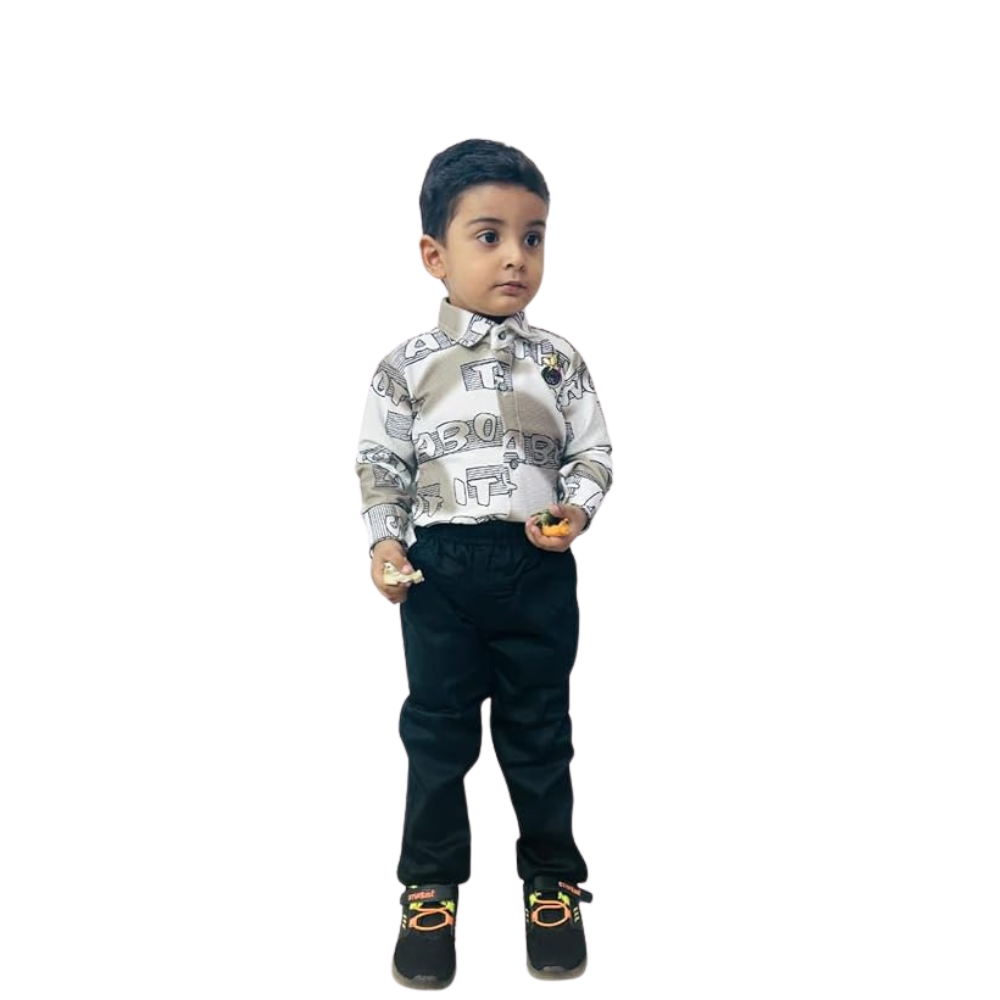 Trendy Boys’ Graphic Shirt and Black Pants Set 