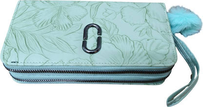Women’s aqua blue wristlet wallet with pom pom and card holder