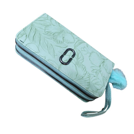Women_aqua_blue_wristlet_wallet_with_pom_pom_and_card_holder