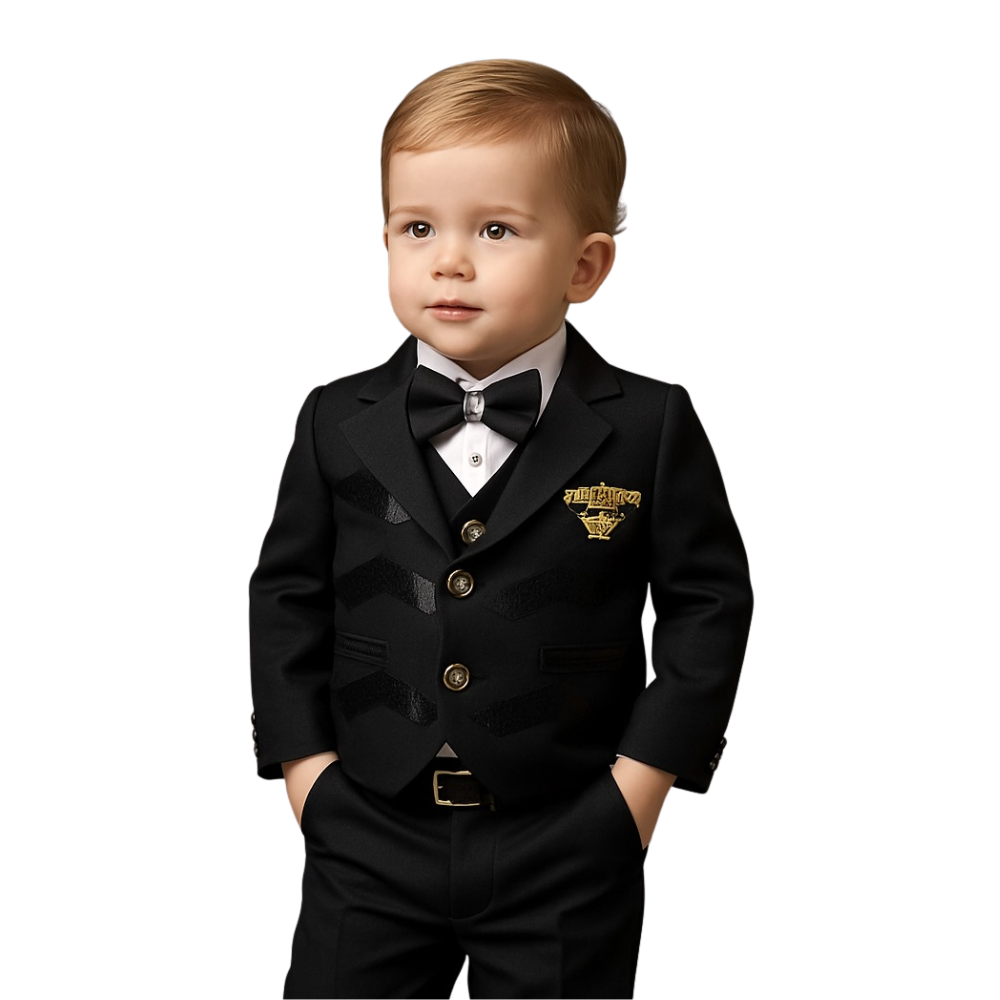 Young boy wearing a formal black suit with a bow tie on a white background