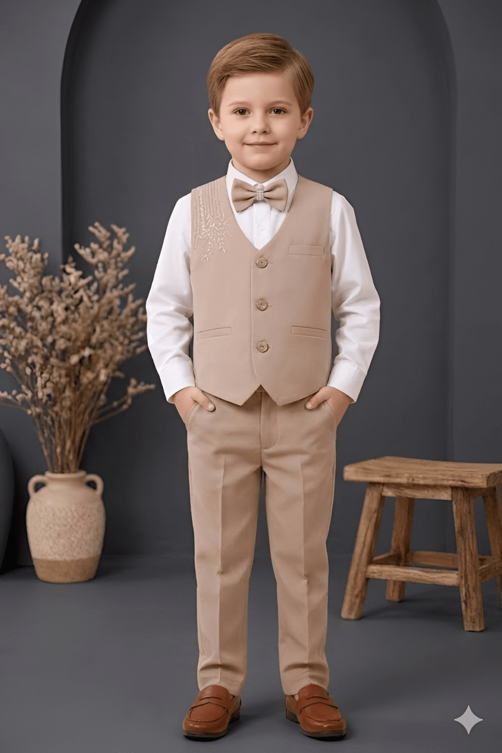 Boys 3-Piece Beige Formal Suit Set with Bow Tie - Zustenjoy.com