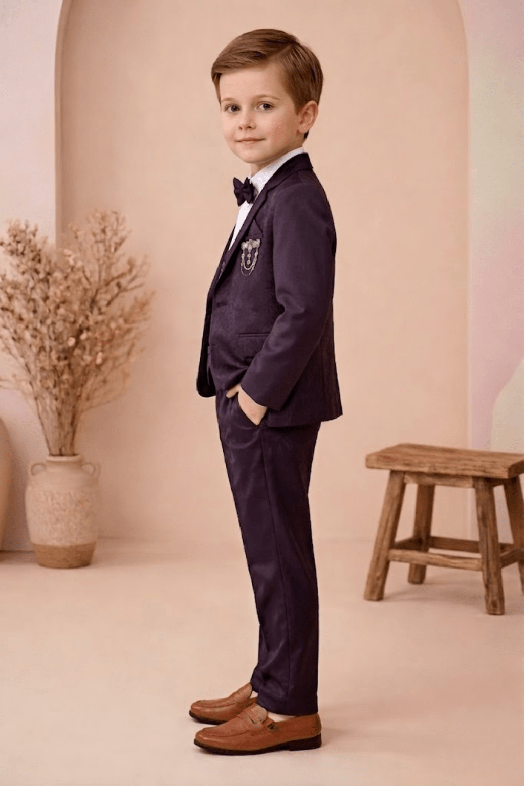 Boys 3-Piece Formal Suit Set with Bow Tie – Wine - Zustenjoy.com