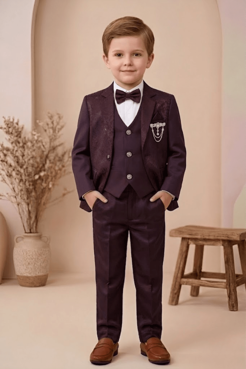 Boys 3-Piece Maroon Formal Suit Set with Bow Tie - Zustenjoy.com