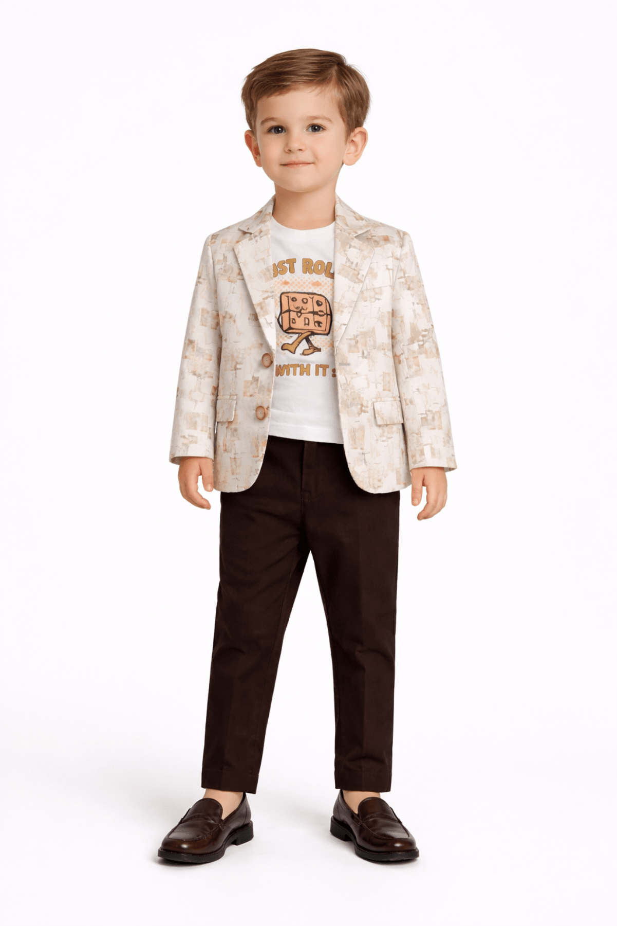 Boys Beige Blazer Outfit with T-Shirt & Pants - Zustenjoy.com