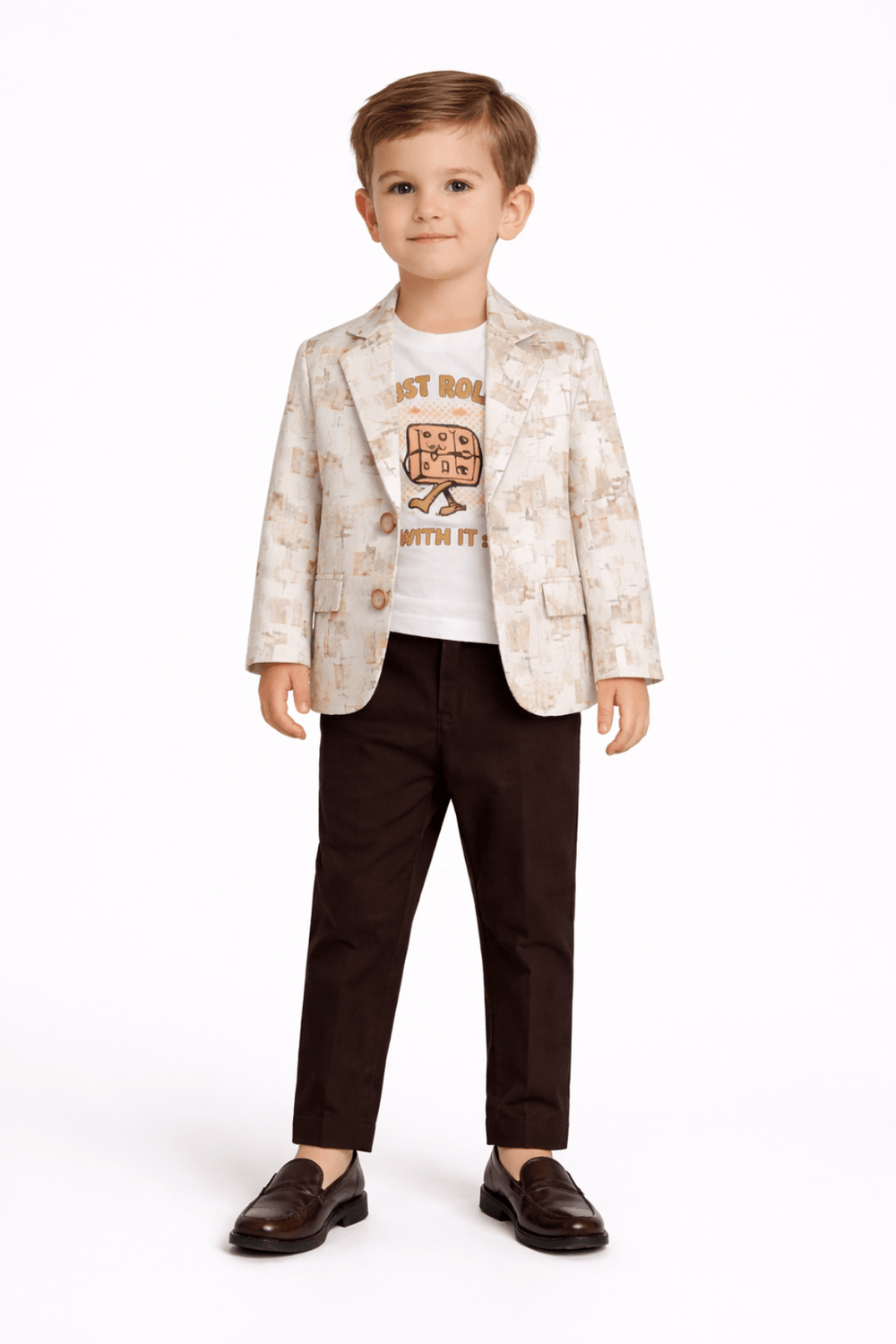 Boys Beige Blazer Outfit with T-Shirt & Pants - Zustenjoy.com
