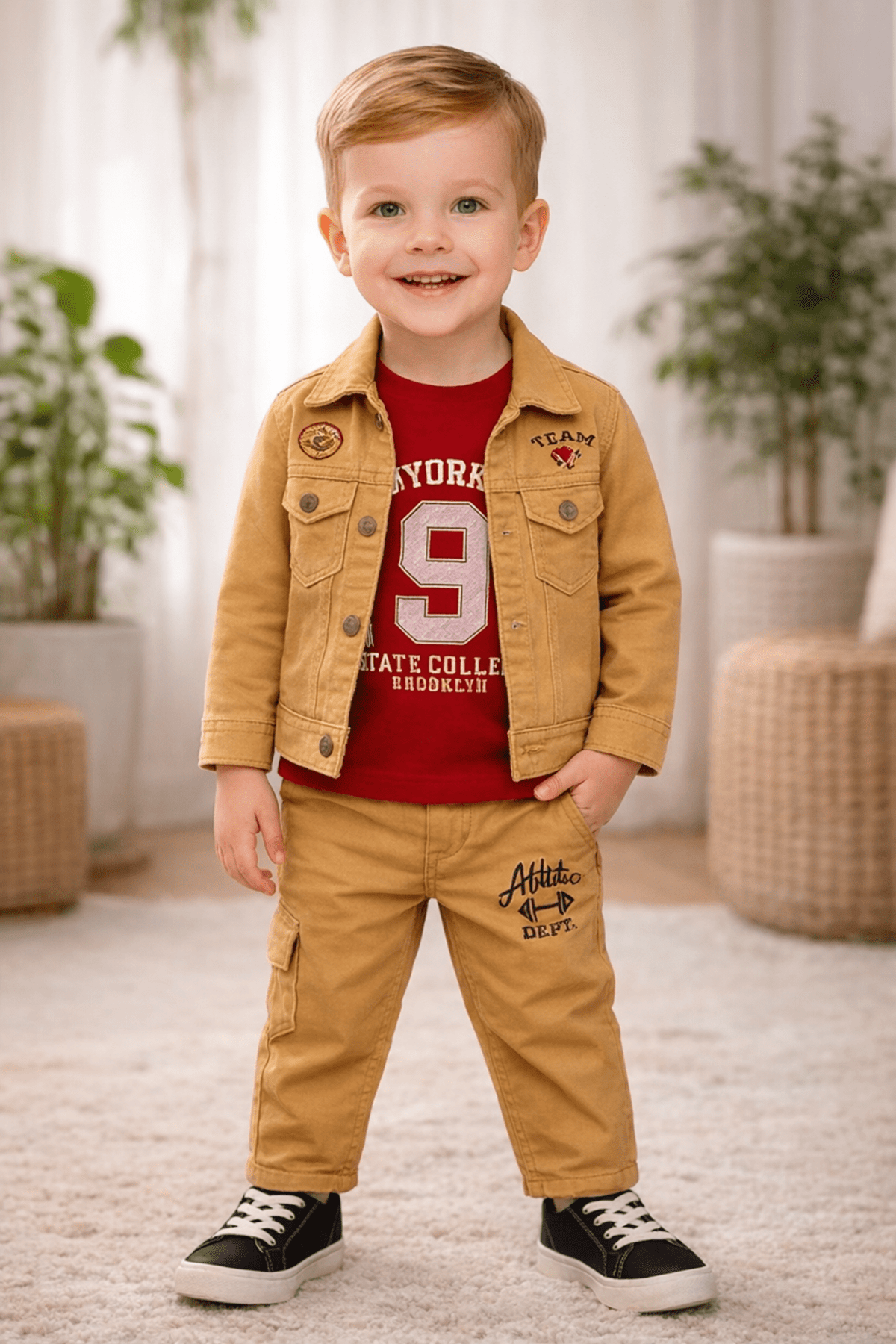 Boys Denim Jacket Set with T-Shirt and Pants in Brown | Trendy Kids Casual Wear Outfit - Zustenjoy.com
