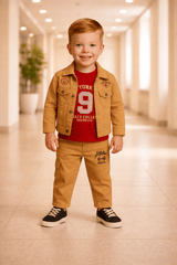 Boys Denim Jacket Set with T-Shirt and Pants in Brown | Trendy Kids Casual Wear Outfit - Zustenjoy.com