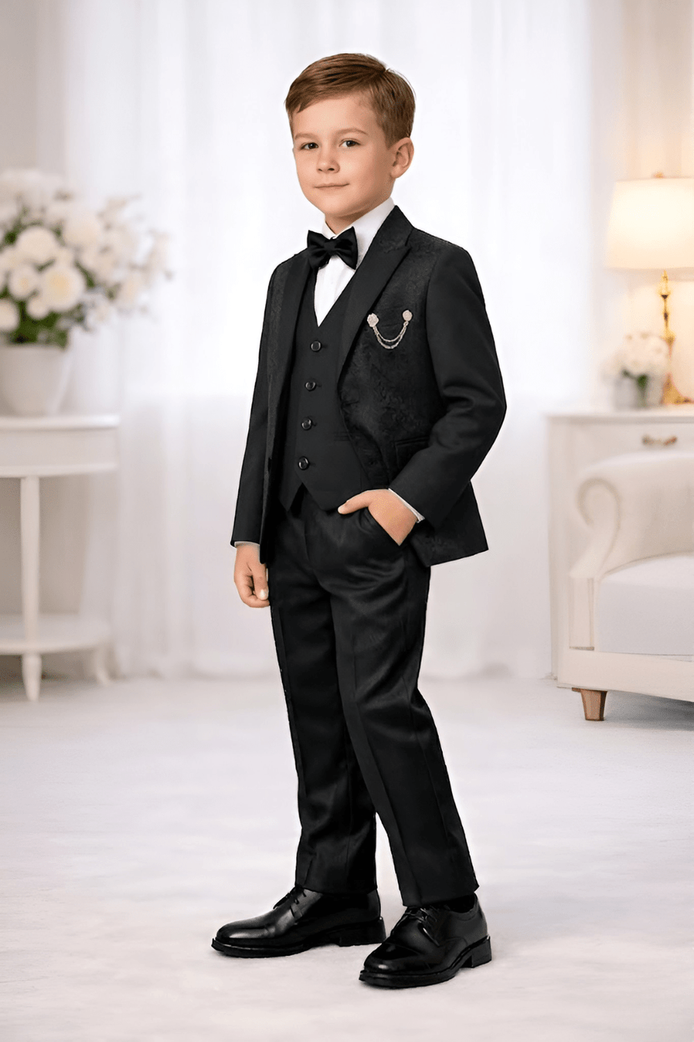 Boys Formal Suit Set - 3-Piece Black Blazer, Waistcoat & Pants with Bow Tie for Kids - Zustenjoy.com