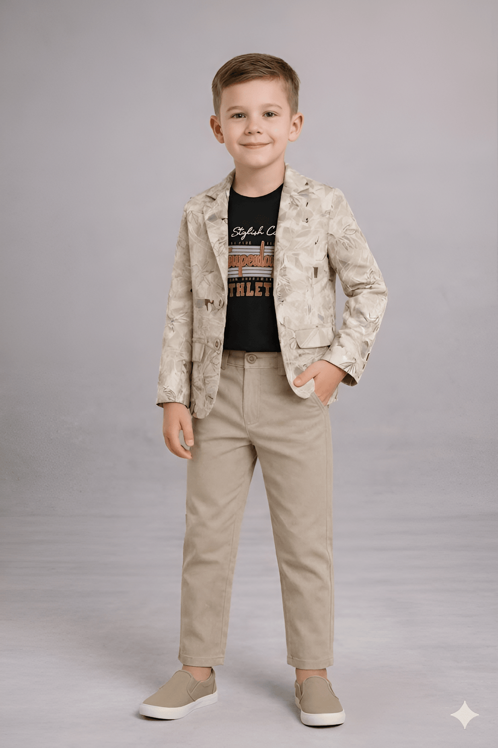 Boys Printed Blazer Outfit with T-Shirt & Pants in Beige - Zustenjoy.com