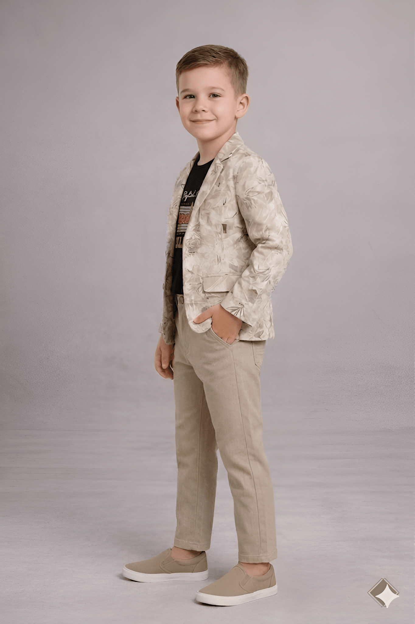 Boys Printed Blazer Outfit with T-Shirt & Pants in Beige - Zustenjoy.com