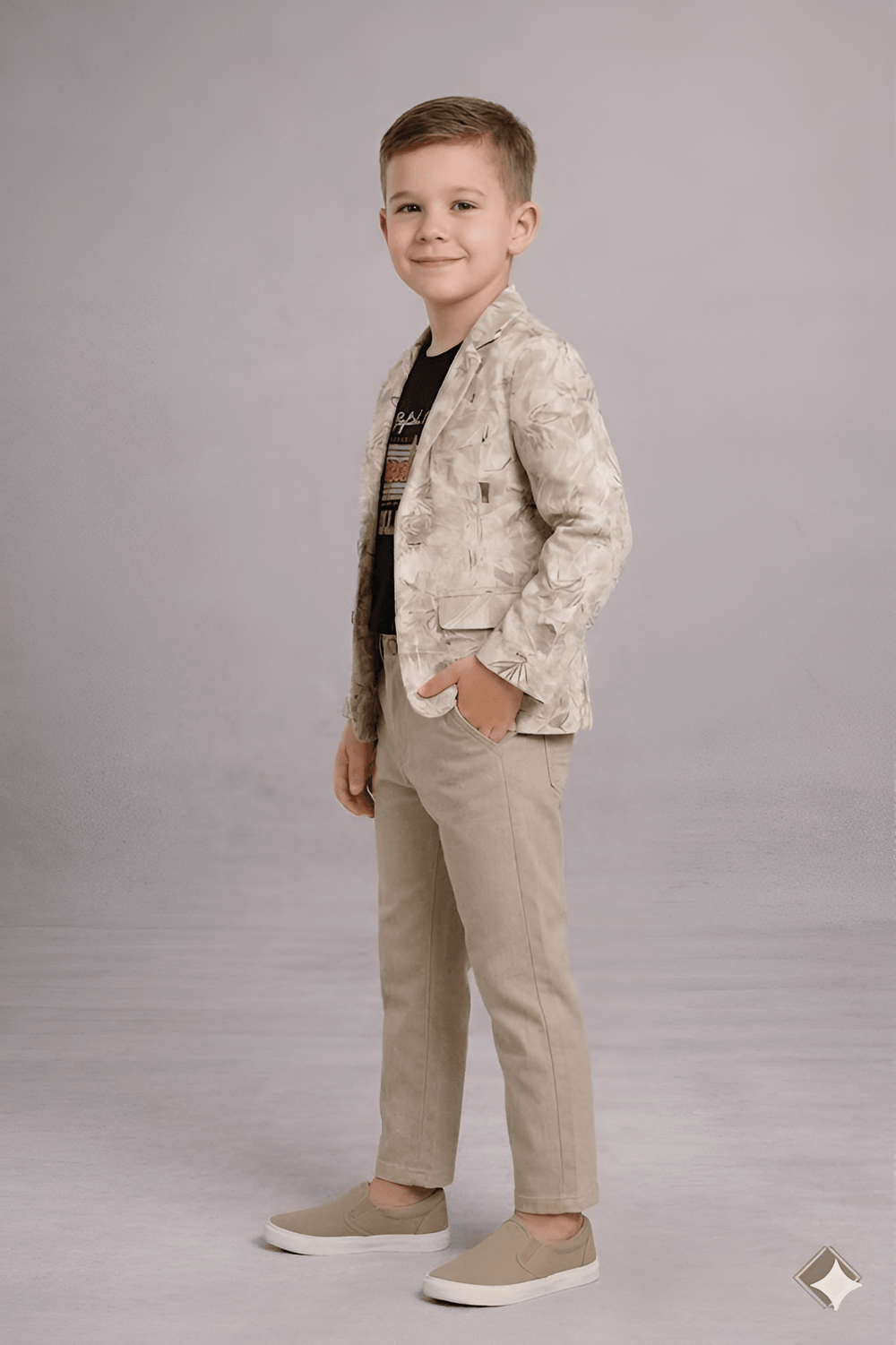 Boys Printed Blazer Outfit with T-Shirt & Pants in Beige - Zustenjoy.com