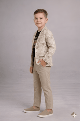 Boys Printed Blazer Outfit with T-Shirt & Pants in Beige - Zustenjoy.com