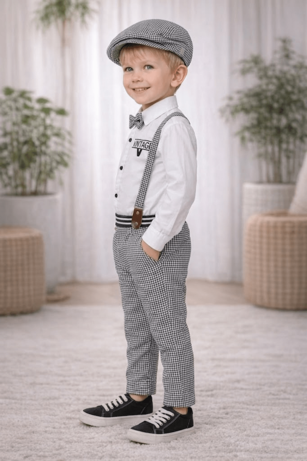 Boys Suspender Outfit Set with Cap & Bow Tie - Zustenjoy.com