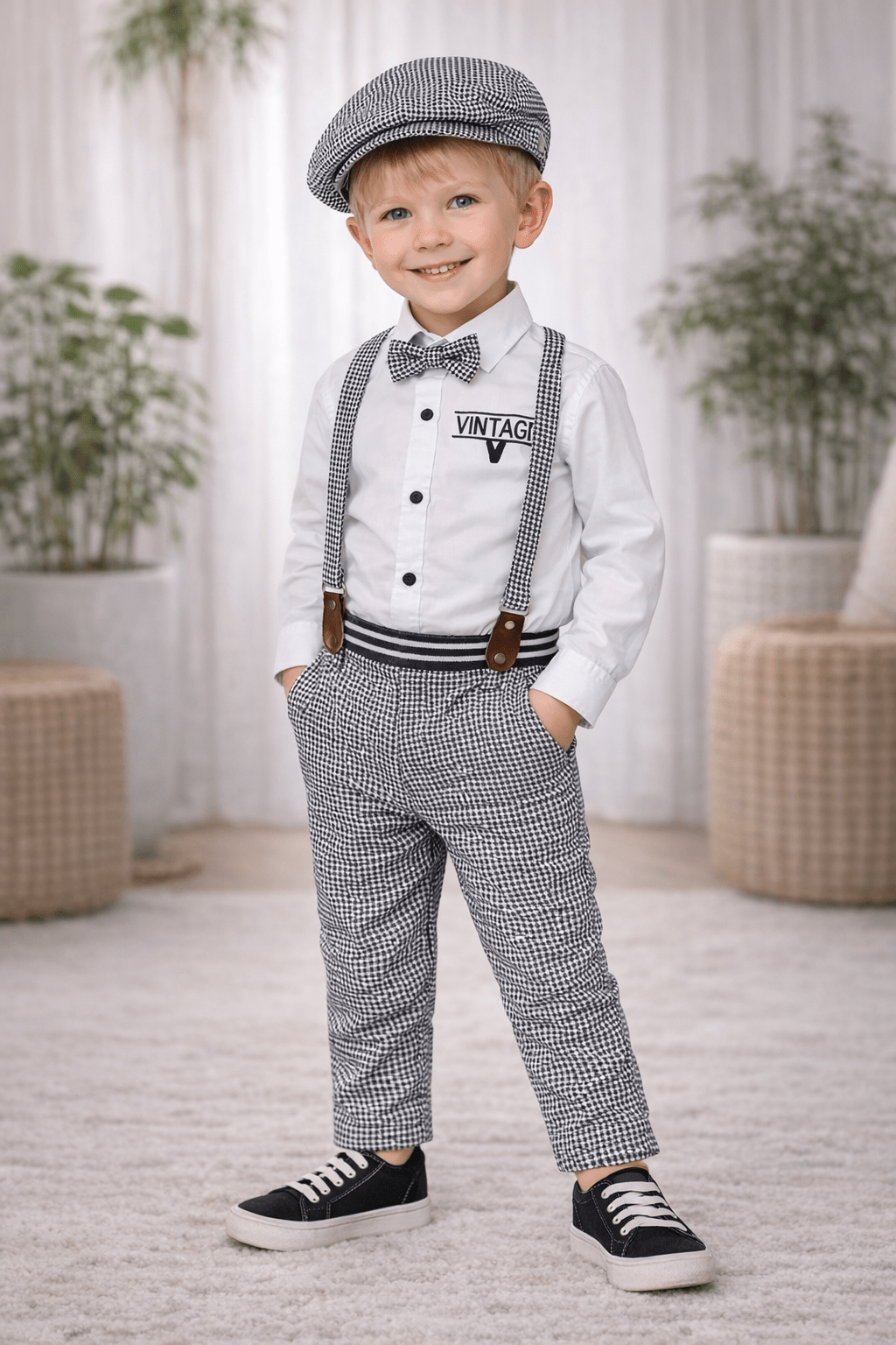 Boys Suspender Outfit Set with Cap & Bow Tie - Zustenjoy.com