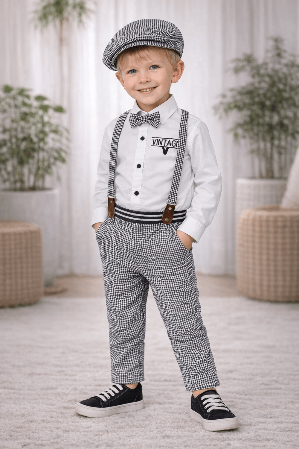 Boys Suspender Outfit Set with Cap & Bow Tie - Zustenjoy.com
