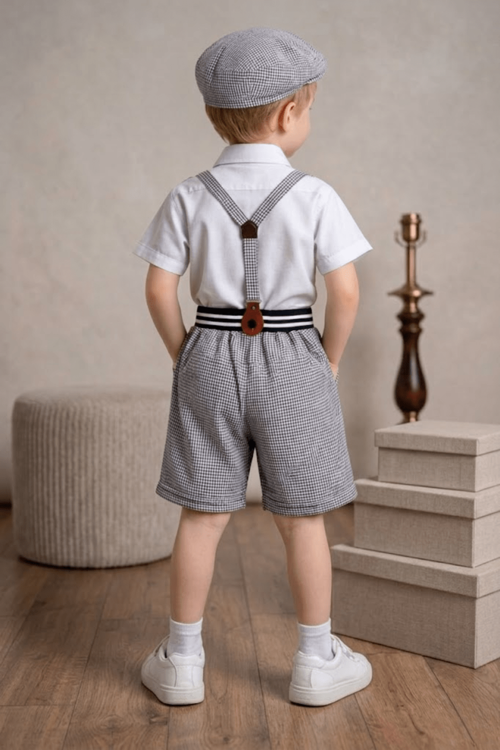 Boys Vintage Suspender Outfit Set with Cap & Bow Tie | Black & White Kids Party Wear Dress - Zustenjoy.com
