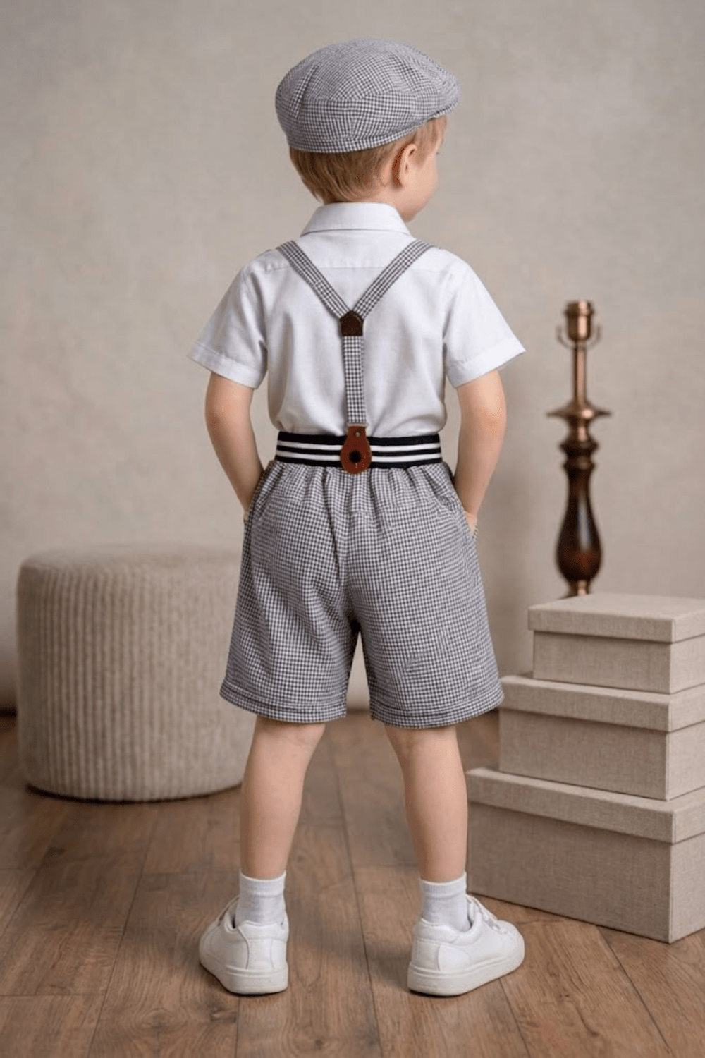 Boys Vintage Suspender Outfit Set with Cap & Bow Tie | Black & White Kids Party Wear Dress - Zustenjoy.com