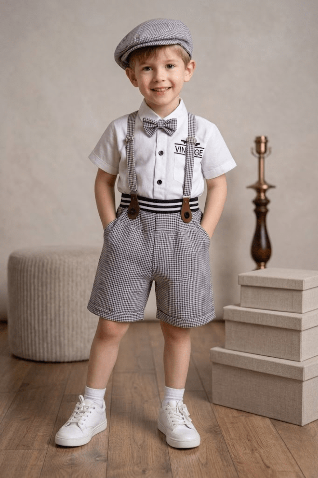 Boys Vintage Suspender Outfit Set with Cap & Bow Tie | Black & White Kids Party Wear Dress - Zustenjoy.com