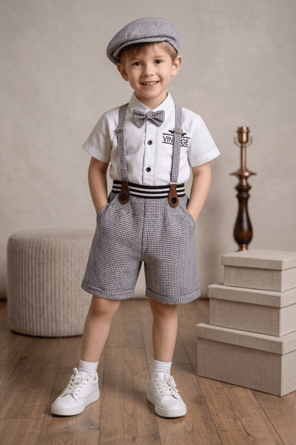Boys Vintage Suspender Outfit Set with Cap & Bow Tie | Black & White Kids Party Wear Dress - Zustenjoy.com