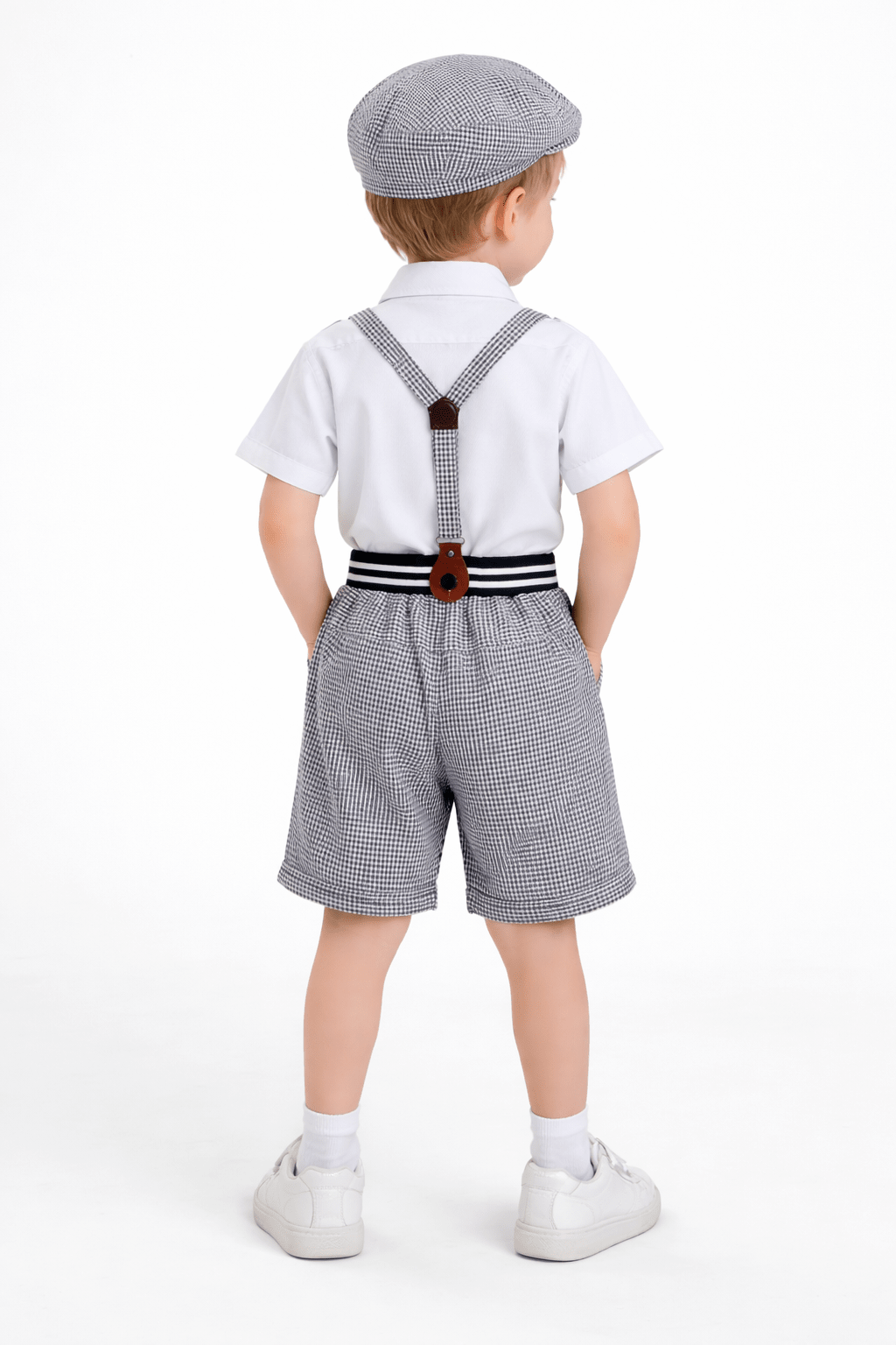 Boys Vintage Suspender Outfit Set with Cap & Bow Tie | Black & White Kids Party Wear Dress - Zustenjoy.com