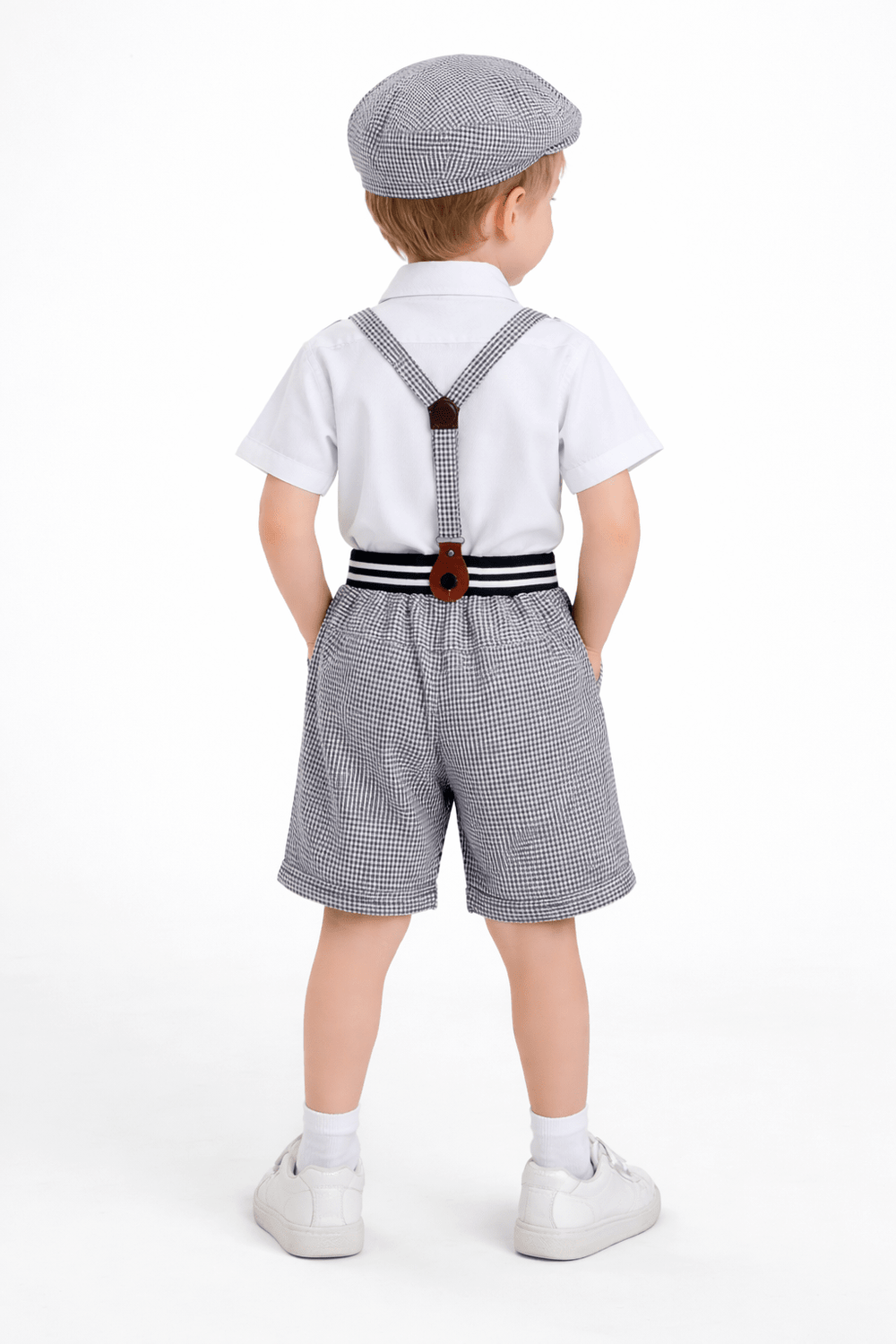 Boys Vintage Suspender Outfit Set with Cap & Bow Tie | Black & White Kids Party Wear Dress - Zustenjoy.com