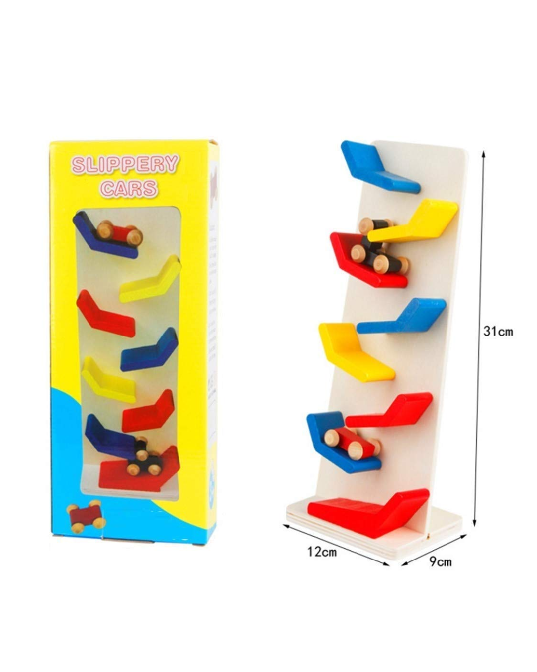 colourful wooden cars on multi-layered ramp