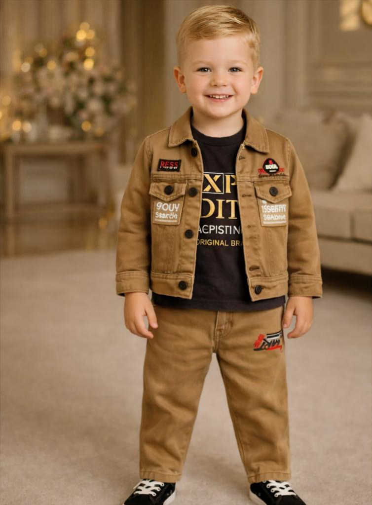 Boys  Denim  Jacket Set with T-Shirt & Pants  Brown | Kids Casual Wear Outfit - Zustenjoy.com