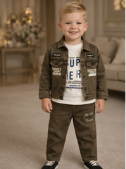 Boys  Denim  Jacket Set with T-Shirt & Pants  Brown | Kids Casual Wear Outfit - Zustenjoy.com