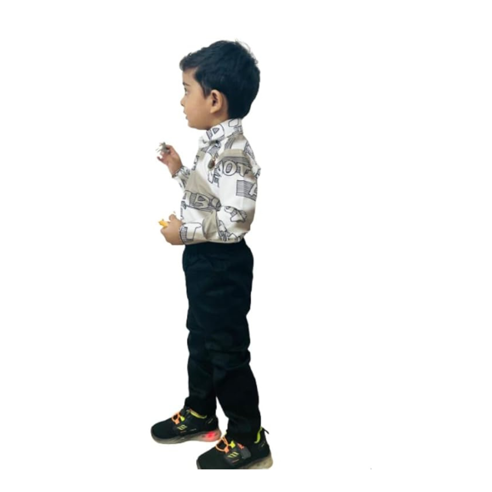 Trendy Boys’ Graphic Shirt and Black Pants Set 